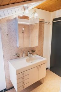 La salle de bains est pourvue d'un lavabo blanc et d'un miroir. dans l'établissement Glishorn Blick, à Brigue