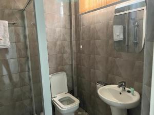Baño pequeño con aseo y lavamanos en Jackie Grand Hotel, en Cape Coast
