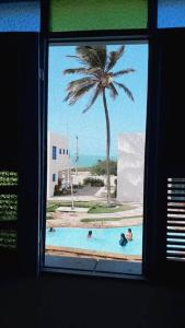 a window view of a swimming pool with a palm tree at Paraiso frente ao mar, réplica de uma vila grega! in Aracati