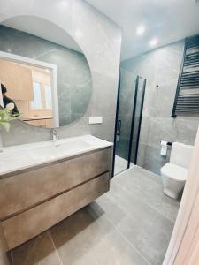 a bathroom with a sink and a toilet and a mirror at La bella Easo in San Sebastián