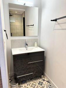 a bathroom with a sink and a mirror at Gîte le Lamala in Bennwihr +8 photos