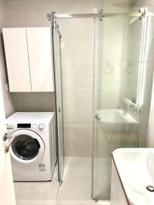 een wasmachine in een badkamer met een douche bij Bulevard17 in Belgrado