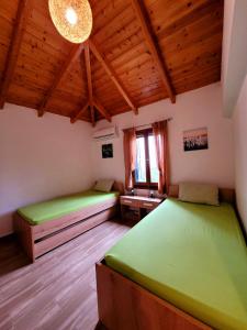 1 dormitorio con 2 camas y lámpara de araña en Giannitsa's House, en Galaxidhion