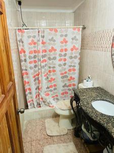 uma casa de banho com um WC e uma cortina de chuveiro em St Eldo em Arima