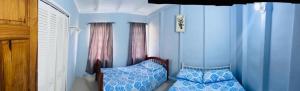 a blue room with two beds and curtains at St Eldo in Arima