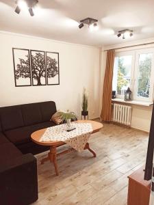 uma sala de estar com um sofá e uma mesa em APARTAMENT CENTRUM Międzychód em Międzychód