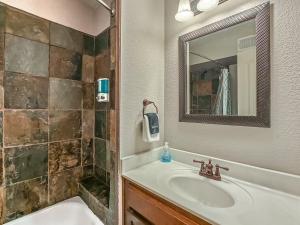 a bathroom with a sink and a shower and a mirror at Quiet Plaza Two bedroom 2 Bathroom in Kansas City