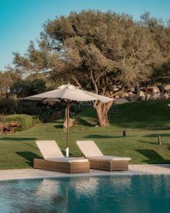 two chairs and an umbrella next to a pool at Stazzo Lu Ciaccaru in Arzachena