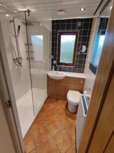a bathroom with a shower and a toilet and a sink at 3-Bedroom Eco-house with EV charger. in Rosemarkie