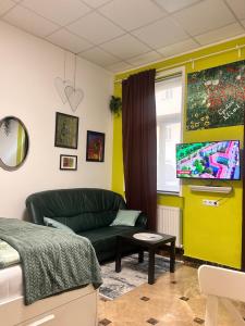 ein Wohnzimmer mit einem grünen Sofa und einem TV in der Unterkunft Centrally and green in Wien