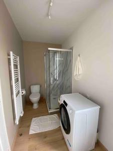 a bathroom with a shower and a washing machine at Maison de ville epernay avec grande terrasse in Épernay
