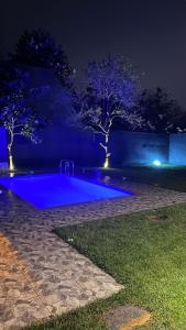 a swimming pool at night with blue lights at Ensagardenbungalov in Kartepe
