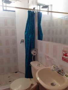 a bathroom with a toilet and a blue shower curtain at Hostal El Auténtico Diamante in Quito