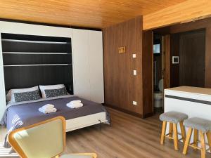 1 dormitorio con 1 cama, escritorio y sillas en RAHUE, Monoambiente Céntrico con Patio Propio en San Martín de los Andes