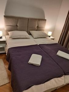 ein Schlafzimmer mit einem großen Bett mit zwei Handtüchern darauf in der Unterkunft Apartman Zuki in Zagreb