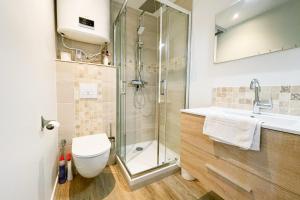 uma casa de banho com um chuveiro, um WC e um lavatório. em At the heart of the essential 2 - New studio #GB em Saint-Martin-le-Vinoux