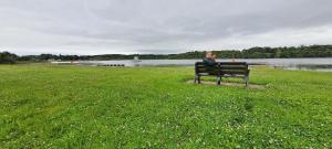 MohillにあるLough Rynn View accommodation Room onlyの湖の横のベンチに座る男