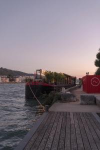 a boat is docked at a dock on the water at LA PENICHE - Bed And Bicycle - Vienne in Vienne