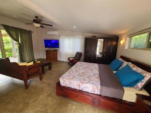 a bedroom with a bed and a desk and a tv at Guest House with Shared Pool Access in David