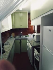 a kitchen with green cabinets and a sink at Artmony piso centro del pueblo vista frente al mar appartement plein centre en front de mer in Port de la Selva