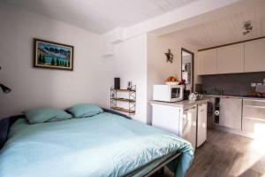 een slaapkamer met een blauw bed en een keuken bij Appartement d'une chambre avec vue sur la ville et wifi a Embrun in Embrun