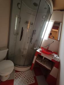 La petite salle de bains est pourvue d'une douche et de toilettes. dans l'établissement BUNGALOWS YAHUARCOCHA, à Ibarra