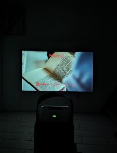 uma televisão de ecrã plano num quarto escuro com um livro em Tiny house 15min away from Opera Garnier em Argenteuil
