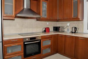 a kitchen with wooden cabinets and a stove top oven at GRAND HOUSE METEORA in Kalabaka
