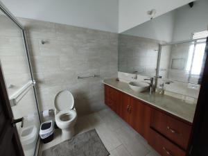 bagno con servizi igienici, lavandino e specchio di Finca Bellavista a Ginebra