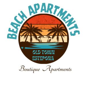 a label for a hawaiian resort with palm trees and a sunset at Beach Apartments Old Town in Estepona