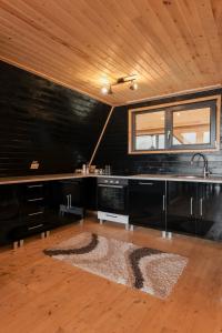 a kitchen with black walls and a sink and a rug at Cabana Vlad Maramureș in Deseşti