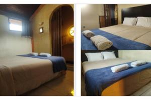 duas fotografias de um quarto de hotel com duas camas em Hospedagem San Gonzales em Sorocaba