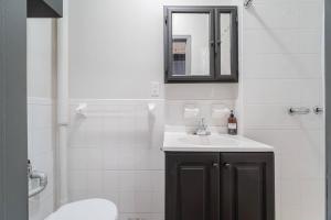 La salle de bains est pourvue d'un lavabo, d'un miroir et de toilettes. dans l'établissement Apartment 253: Chelsea, à New York