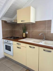 a kitchen with white cabinets and a stove and sink at KANOA LODGE piscine et vue mer in Saint-Claude