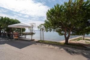 a table with a white umbrella next to the water at Apartments and rooms by the sea Mandre, Pag - 3557 in Kolan