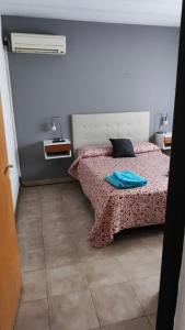 a bedroom with a bed with a blanket and a fan at depto por dia in General Roca