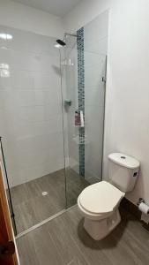 La salle de bains est pourvue de toilettes et d'une douche en verre. dans l'établissement BRISAS DE BARU, à Ararca