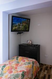 1 dormitorio con 1 cama y TV de pantalla plana en la pared en TRANSFER VIP HOSTEL, en Lima