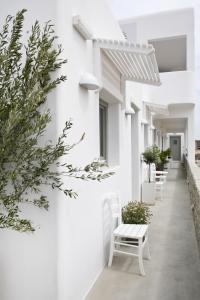 una fila de sillas y plantas blancas en un edificio en Mykonos Unique Apartment, en Mykonos ciudad