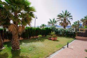 un jardín con palmeras y plantas y una valla en Apartamento Los Lances II, en Tarifa