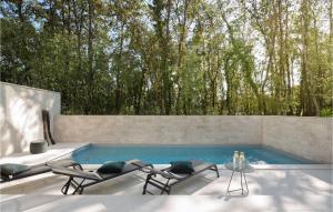 a swimming pool with chairs and a table and trees at Villa Oliva 1 in Umag
