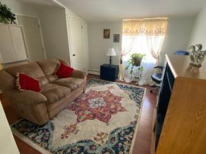 uma sala de estar com um sofá e um tapete em Two bedroom, living/dining room em Bellport