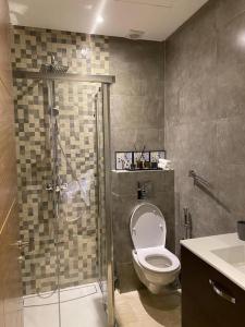 ein Bad mit einer Dusche, einem WC und einem Waschbecken in der Unterkunft Appartement de luxe ,piscine,parking,Terrasse in Agadir