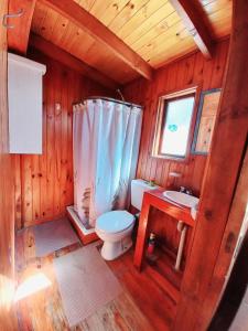La petite salle de bains est pourvue de toilettes et d'un lavabo. dans l'établissement El Canto de la Ballena, à Puerto Pirámides