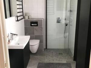 a bathroom with a shower and a toilet and a sink at Holiday home LIMA II in Lima