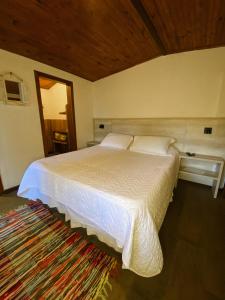 a bedroom with a bed with white sheets and a rug at Pousada Kokopelli in Lavras Novas