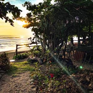 Aposentillo的住宿－El Marabu Surf Resort，海滩上有栅栏和树木,还有海洋