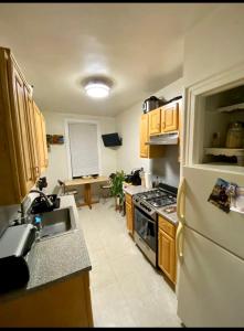 a kitchen with a white refrigerator and a sink at Woodside, queens in Woodside