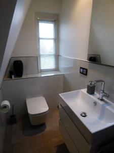 uma casa de banho com um lavatório, um WC e uma janela. em Reetdachhaushaelfte-1 em Sankt Peter-Ording