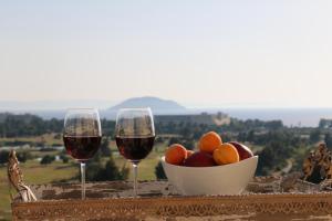 a bowl of fruit and two glasses of wine at Kelyfos Hotel in Neos Marmaras